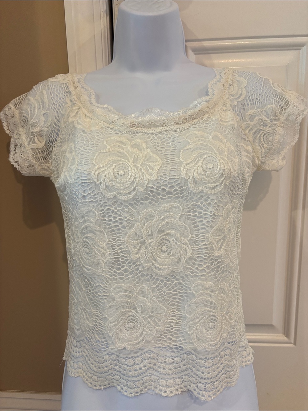 Chocolate Cream Lace Floral Short Sleeve Crop Top